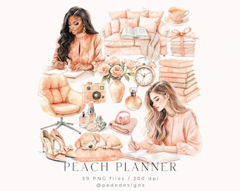 Peach Planner, watercolor clipart, planner girl png, fashion clipart, coffee cup, desk, books clipart, book lover, cozy, floral, download