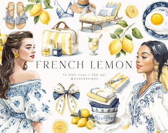 Peut inclure: Un ensemble d'illustrations numériques intitulé FRENCH LEMON comprenant des éléments à l'aquarelle dont deux femmes en robes à motifs floraux bleu et blanc, des sacs rayés jaunes, des citrons, un transat, un œuf au plat et du linge.