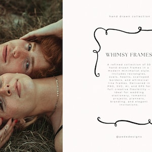 May include: A digital art print featuring two people lying in grass, with the text "WHIMSY FRAMES" and a description of hand-drawn frames in a minimalist style. Includes rectangles, ovals, hearts, and borders.
