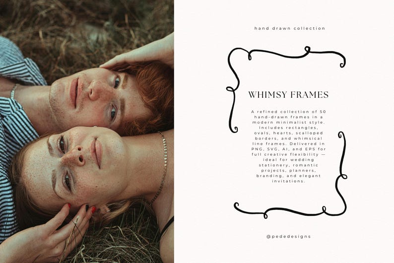 May include: A digital art print featuring two people lying in grass, with the text "WHIMSY FRAMES" and a description of hand-drawn frames in a minimalist style. Includes rectangles, ovals, hearts, and borders.