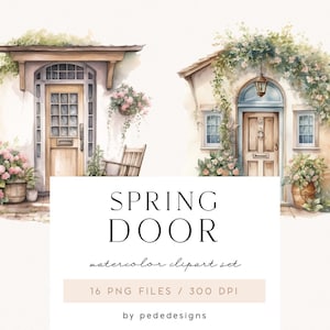 Lente deuren, aquarel lente clipart, huis png-afbeeldingen, witte deur, lente plantaardige ingrediënten, aquarel bloemen png, voordeur, download