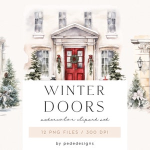 Winterdeuren, aquarel winter clipart, huis png-afbeeldingen, rode deur, kerstkrans, aquarel grenen, kerstmis png, voordeur, download