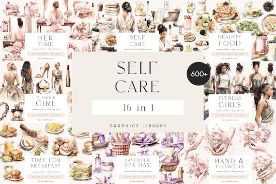 Self Care Mega Bundle, clipart library, watercolor illustrations, spa time, fitness girl, cosmetics, healthy food, beauty graphics, download