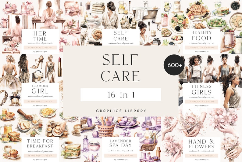 May include: A collection of 16 watercolor clipart sets featuring illustrations of self-care activities, including healthy food, fitness, spa days, and more. The text "SELF CARE 16 in 1 GRAPHICS LIBRARY" is displayed in the center of the image.