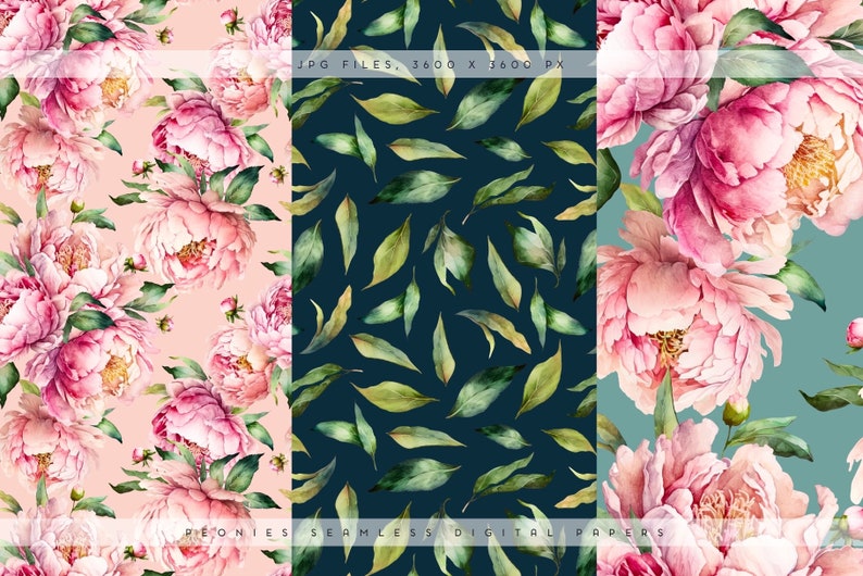 Peony Digital Paper, Flowers Watercolor Patterns, Seamless Digital ...
