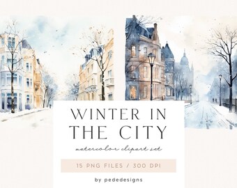 Winter In The City, winter town, watercolor winter scenery, winter clipart, watercolor scenery, city graphics, street, snow, download