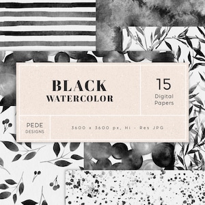 May include: A set of 15 digital papers featuring black watercolour designs. The designs include stripes, polka dots, leaves, and berries. The papers are 3600 x 3600 pixels and are high resolution JPG files.