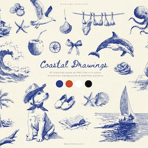 May include: A collection of blue and white coastal drawings, including a lighthouse, seashell, seagull, dolphin, octopus, sailboat, and dog. The text "Coastal Drawings" is displayed, along with information about the file types and colors.