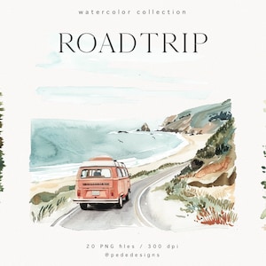 Puede incluir: Ilustración de acuarela de un viaje por carretera con una camioneta vintage conduciendo por un camino sinuoso a lo largo de una costa. La ilustración incluye un cielo azul, el océano, la playa y árboles verdes. El texto "ROADTRIP" está escrito en negro en la parte superior de la imagen.