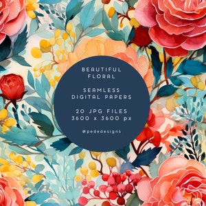 Multicolor Floral Digital Paper, beautiful flowers, seamless digital paper, botanical art, poppy floral, fabric, bright colors, download