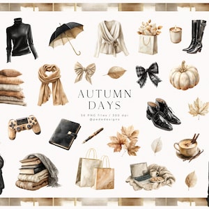 May include: Watercolor illustration with autumn-themed elements. Includes a beige trench coat, black turtleneck, umbrella, scarf, bow, pumpkin, boots, and a coffee maker. The text "AUTUMN DAYS" is also present.