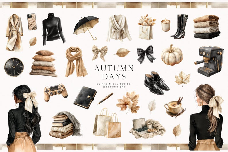 May include: Watercolor illustration with autumn-themed elements. Includes a beige trench coat, black turtleneck, umbrella, scarf, bow, pumpkin, boots, and a coffee maker. The text "AUTUMN DAYS" is also present.