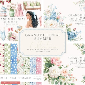Grandmillenial zomercollectie, aquarel clipart, preppy girl png, naadloze patronen, boeket clipart, bloemen, mode, download