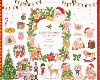 Quirky Christmas Clipart Bundle with 170 Holiday PNG Elements & 24 Backgrounds, Santa, Animals, Bows, Frames (Digital Download)