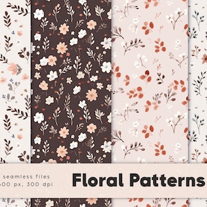 Flowers digital paper pack, watercolor leaves and branches, seamless patterns, floral digital papers, sweet flowers, pink, download image 3