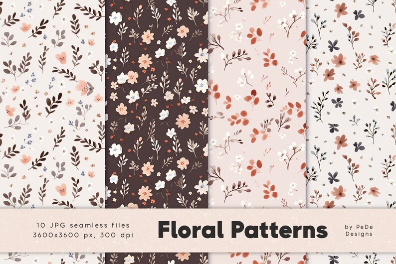 Flowers digital paper pack, watercolor leaves and branches, seamless patterns, floral digital papers, sweet flowers, pink, download image 3