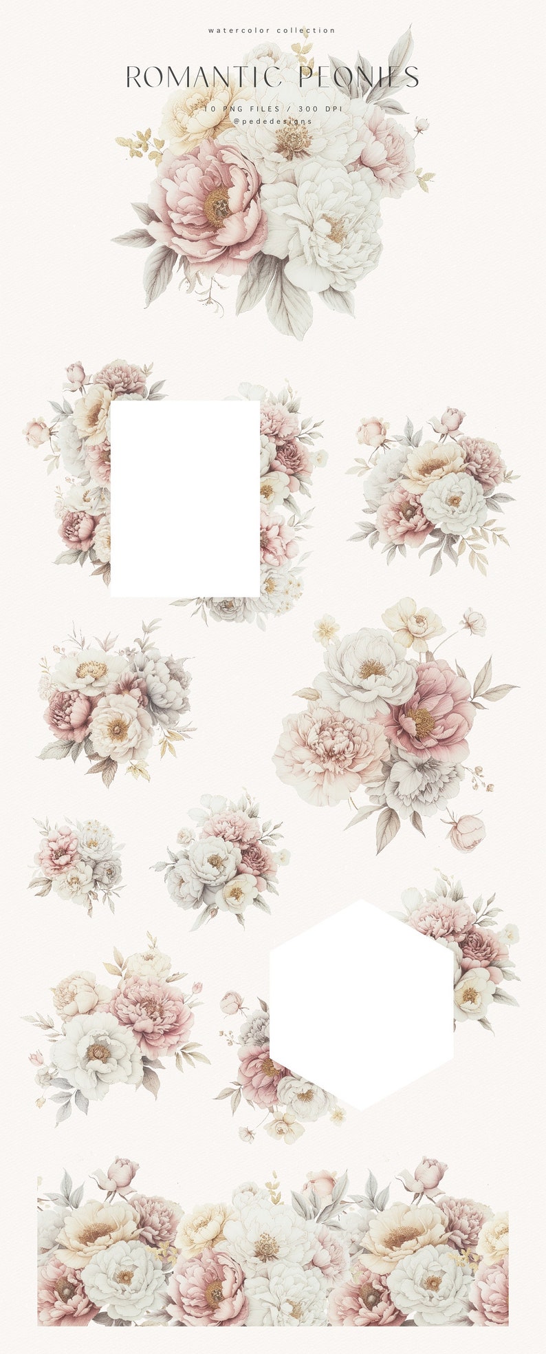 Watercolor Romantic Peonies Clipart, Border Clipart, White & Pink Peony ...