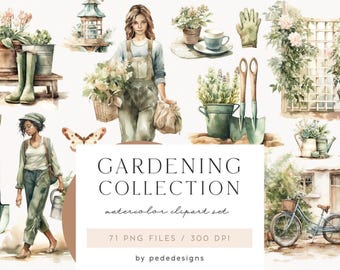 May include: A watercolor gardening collection clipart set featuring illustrations of people in overalls, green rubber boots, garden tools, potted plants, a bicycle, and a butterfly. The text reads GARDENING COLLECTION watercolor clipart set 71 PNG FILES 300 DPI by pededesigns.