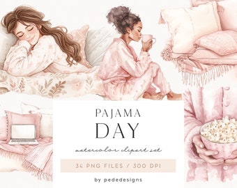 Pajama Day Clipart, watercolor girl clipart, pajama party clipart, cozy, self love, pillows, self care, day off, pink and blush, download