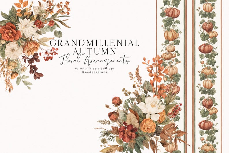May include: Watercolor floral arrangements with autumn colors, including orange, red, and white flowers, and pumpkins. The text reads "GRANDMILLENIAL AUTUMN Floral Arrangements". Includes 10 PNG files at 300 dpi.