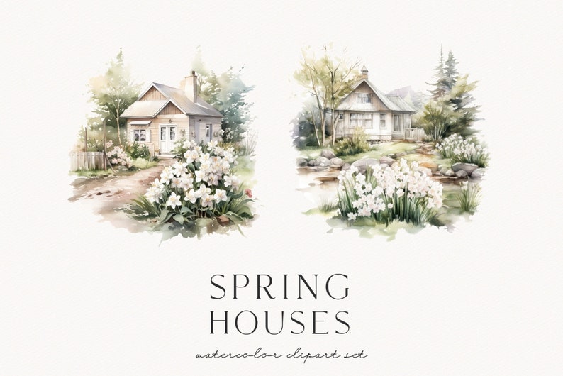 Op de afbeelding: Watercolor clipart set met twee charmante huizen omringd door weelderig groen en witte bloemen. De huizen hebben een rustieke uitstraling, met lichtgekleurde muren en houten accenten. De tekst "SPRING HOUSES" staat onder de afbeeldingen.