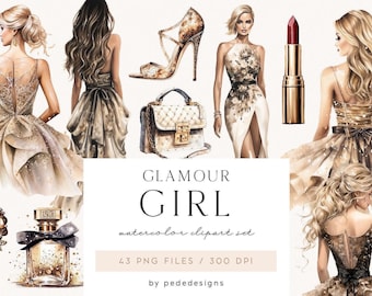 May include: A digital illustration set featuring watercolor fashion elements including women in gold and brown gowns, a high-heeled sandal, a quilted handbag, a lipstick tube, a perfume bottle, and jewelry with the text Glamour Girl.
