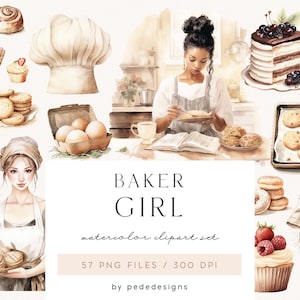 Coleção Baker Girl, clipart em aquarela de cozimento, gráficos png de cozinha, utensílios de cozinha, álbum de recortes, diário de lixo eletrônico, elementos de logotipo, download