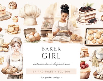 Baker Girl Watercolor Clipart: Baking PNG Graphics (Digital Download)