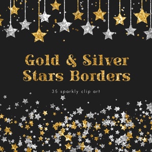 Gouden & zilveren randen, sterren png, glitter illustraties, maan en sterren, sprankelende textuur, glitter grens, sprookjesachtige clipart, nachtelijke hemel, downloaden