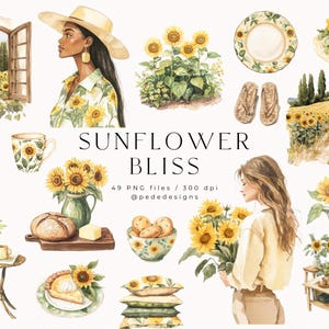 Bliss tournesol, cliparts d'été aquarelle, graphiques de fille, png vert et jaune, autocollants de fin d'été, png de tournesols aquarelles, téléchargement
