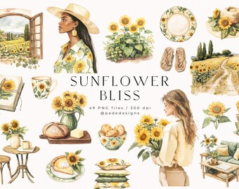 Bliss tournesol, cliparts d'été aquarelle, graphiques de fille, png vert et jaune, autocollants de fin d'été, png de tournesols aquarelles, téléchargement