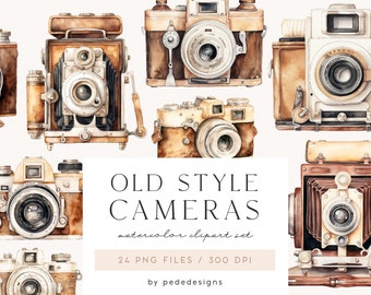 Old Style Cameras, retro cameras clipart, vintage watercolor, vintage camera, retro png, scrapbook, junk journal, photography logo, download