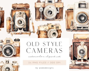 May include: A set of 9 watercolor illustrations of vintage cameras. The cameras are in various styles and colors, including brown, white, and black. The illustrations are perfect for scrapbooking, card making, and other craft projects.
