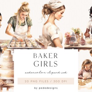 Baker Girls, clipart de aquarela de menina, gráficos png de panificação, clipart de culinária, álbum de recortes, adesivos de planejador, dia das mães, baixar