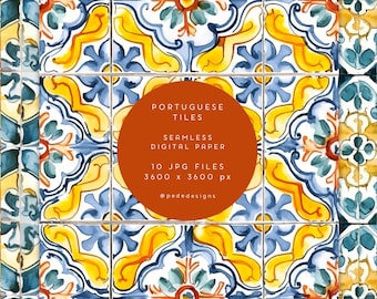 Papier numérique de tuile portugaise aquarelle, style méditerranéen, mosaïque espagnole, azulejos du Portugal, modèle sans couture, multicolore, téléchargement