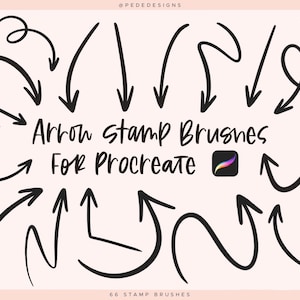Pode incluir: Um conjunto de 66 pincéis de carimbo de seta preto e branco para Procreate. Os pincéis são projetados para parecer setas desenhadas à mão.