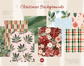 100 Christmas Backgrounds Bundle with Holiday Digital Papers, Floral Botanical Plaid Stripes & Festive JPG | Digital Download