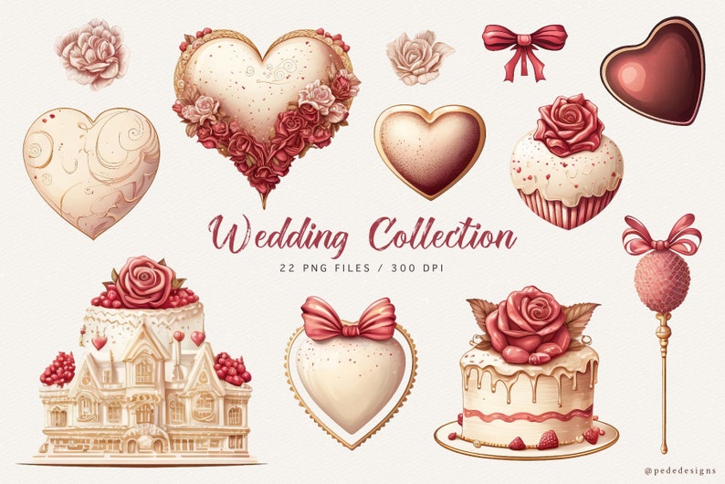 May include: A collection of 22 wedding-themed illustrations, including hearts, cakes, roses, and bows. The illustrations are in a vintage style with a pink and red color scheme. The text "Wedding Collection 22 PNG Files / 300 DPI" is included in the image.