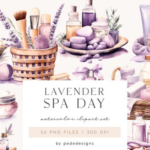 Lavande Spa Day Clipart, clipart aquarelle, clipart journée spa, bougies, serviettes, lavande, aquarelle violet, panier en saule, téléchargement