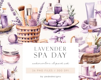 Lavender Spa Day Clipart, watercolor clipart, spa day clipart, candles, towels, lavender, watercolor purple, willow basket, download