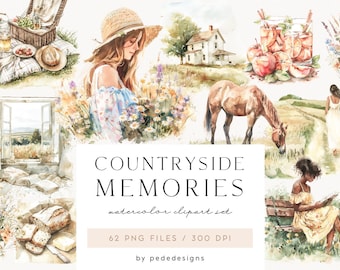 Countryside Memories, watercolor summer clipart, summer cottagecore, summer time png, country food, reading clipart, girl clipart, download