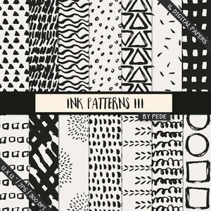 Black and white patterns, brush marks background, brush digital paper, hand drawn, circles, triangles, spots, download