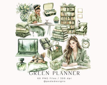 Grüner Planer, Aquarell Clipart, Planer Mädchen, Planer Clipart, Kaffeetasse, Schreibtisch, Bücher Clipart, Bücherwurm, Decke, Welpe, Journaling, Download