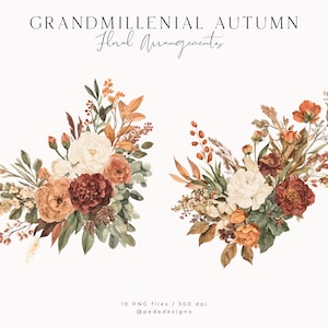 May include: Watercolor floral arrangements in autumnal colors. The bouquets feature white peonies, burgundy dahlias, and orange roses, accented with green foliage and dried grasses. The text reads "GRANDMILLENNIAL AUTUMN Floral Arrangements".