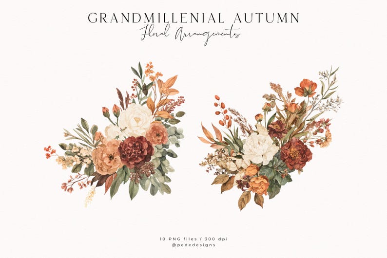 May include: Watercolor floral arrangements in autumnal colors. The bouquets feature white peonies, burgundy dahlias, and orange roses, accented with green foliage and dried grasses. The text reads "GRANDMILLENNIAL AUTUMN Floral Arrangements".