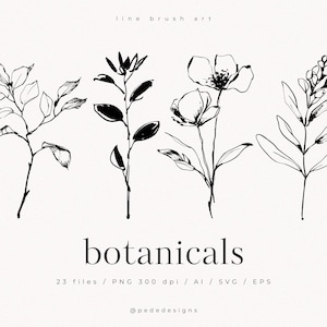 Line Brush Art, botanische collectie, bloemenelementen, svg-bestanden, vectoren, bloemen clipart, huwelijksbloemen, handgetekende bloemen, download