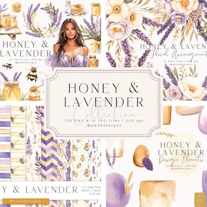 May include: A digital illustration set featuring watercolor designs of lavender flowers, honeycombs, bees, and a woman in a lavender dress. The set includes seamless patterns, floral arrangements, and design elements. The text "Honey & Lavender Collection" is displayed in a white frame.