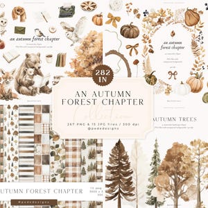 Puede incluir: Una colección digital titulada An Autumn Forest Chapter que presenta ilustraciones en acuarela de búhos, un oso, un zorro, calabazas, árboles y papeles estampados. El conjunto incluye 267 archivos PNG y 15 archivos JPG a 300 dpi.