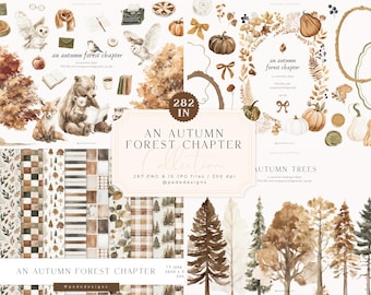 Autumn Watercolor Clipart Bundle with Woodland Animals PNG, Fall Digital Papers, Autumn Frames & Trees (Digital Download)
