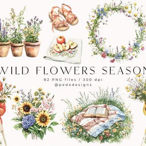 Conjunto de clipart da temporada de flores silvestres, gráficos de flores silvestres em aquarela, clipart de menina, flores, adesivos digitais de primavera, prado de verão, download